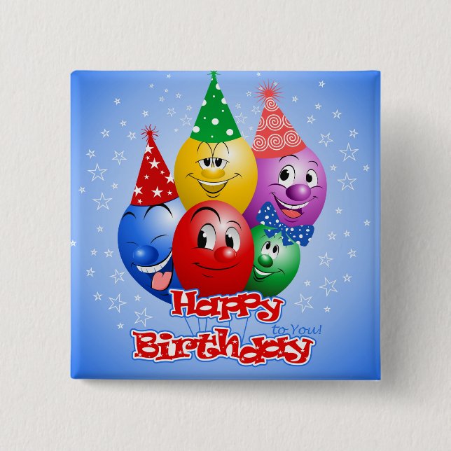 Happy Birthday Funny Balloons, 2 Inch Square Button (Front)