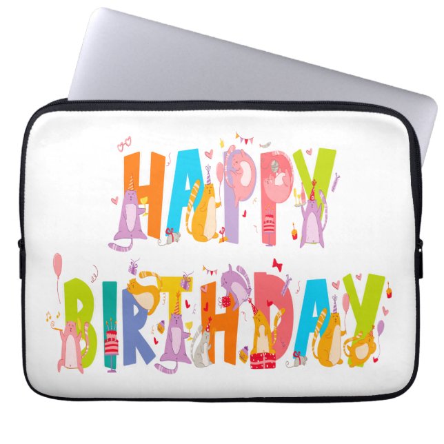 Happy Birthday Funny Cat Lover Bday Celebration Laptop Sleeve (Front)