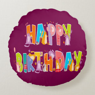Happy Birthday Funny Cat Lover Bday Celebration Round Pillow