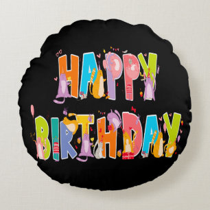 Happy Birthday Funny Cat Lover Bday Celebration Round Pillow