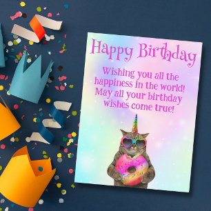 happy birthday funny cat with doughnut pink script postcard