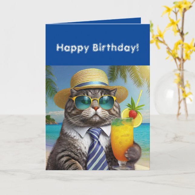 Happy Birthday Funny Cool Cat Mai Tai Card (Yellow Flower)