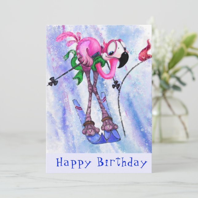 Happy Birthday - Funny Pink Flamingo Skier  (Standing Front)