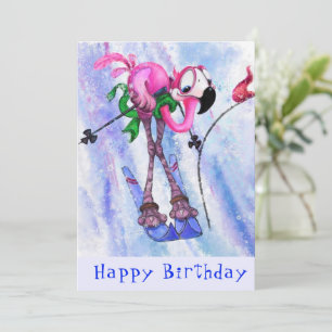 Happy Birthday - Funny Pink Flamingo Skier 