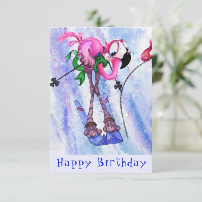 Happy Birthday - Funny Pink Flamingo Skier - Fun (Standing Front)