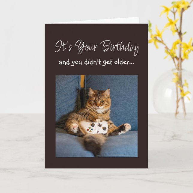 Happy Birthday Funny Playing Games Gamer Cat Card (Yellow Flower)