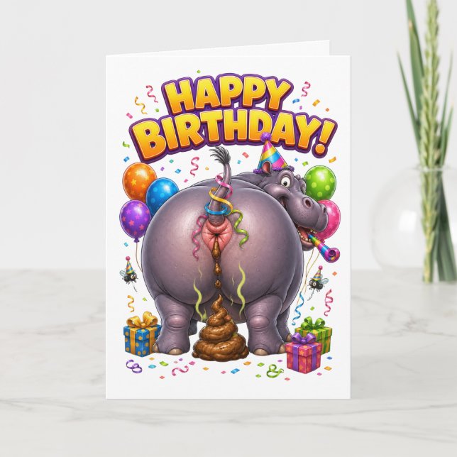 Happy Birthday Funny Pooping Hippo Card (Front)