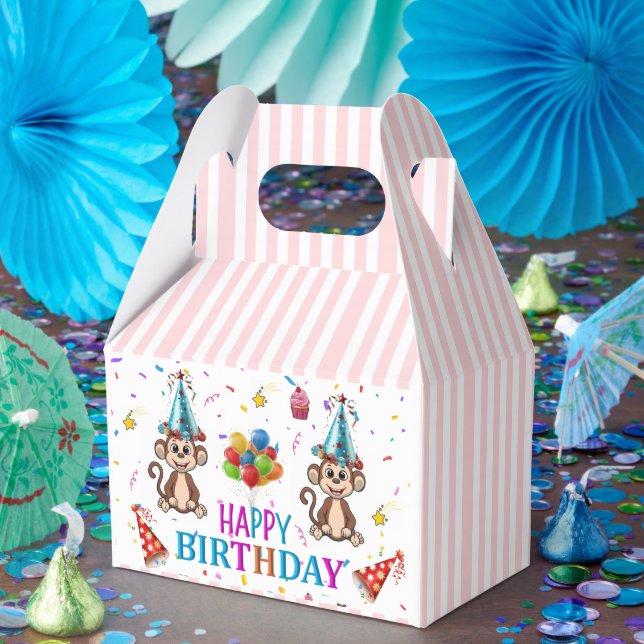 Happy Birthday Gable Favor Box Pink Stripe Monkeys (Party)