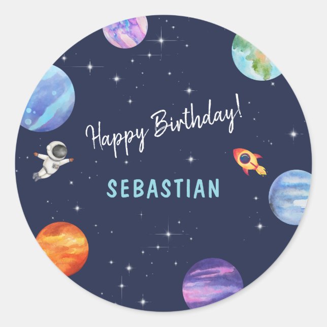 Happy Birthday Galaxy Rocket Ship Watercolor Classic Round Sticker (Front)
