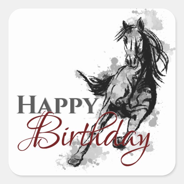 Happy Birthday Galloping Horse Sketch Square Sticker (Front)