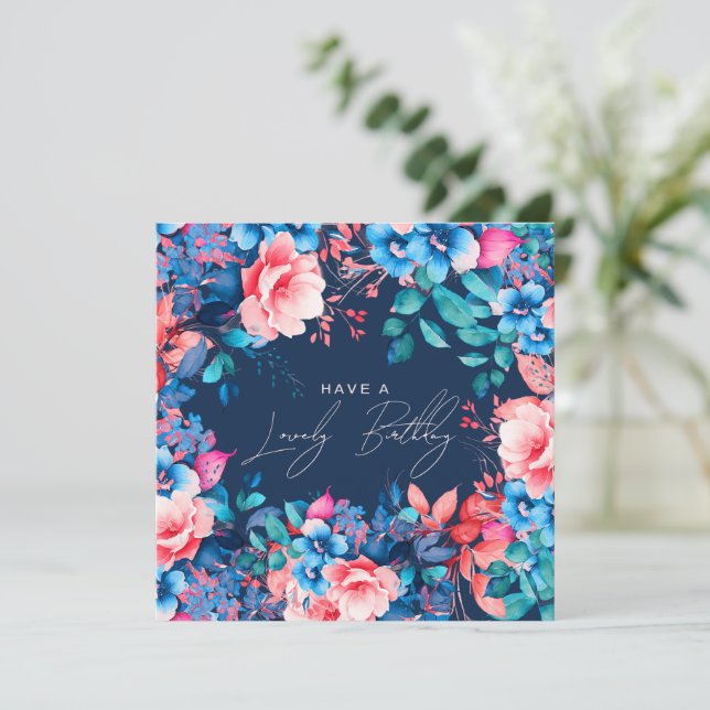 Happy Birthday Garden Floral Blush Navy Blue Card (Standing Front)