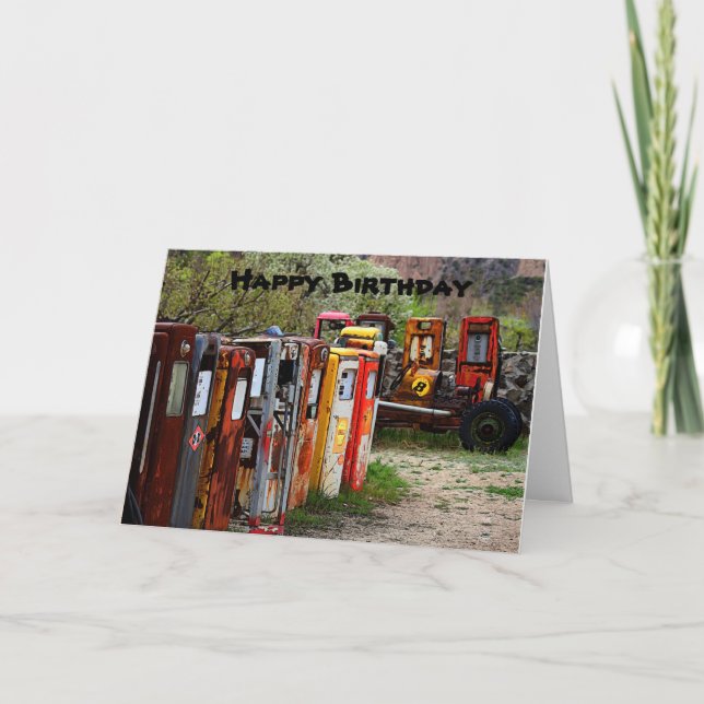 Happy Birthday Gas Pumps, Race Car Humour Card (Front)