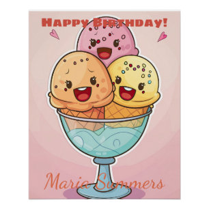 Happy Birthday Gelato Ice-cream Kawaii Cartoon 2 Poster