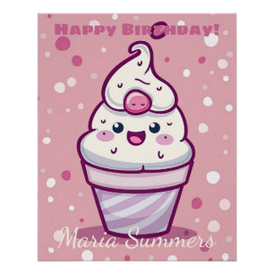 Happy Birthday Gelato Ice-cream Kawaii Cartoon  Poster