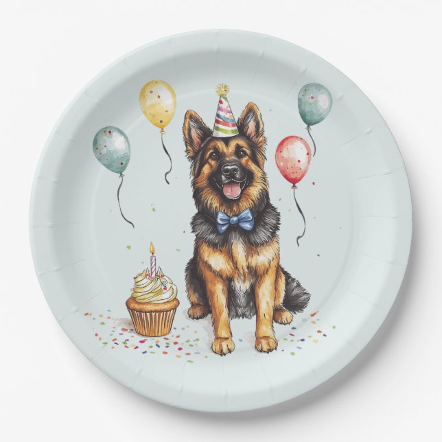 Happy Birthday German Shepherd Dog Paper Plate (Front)