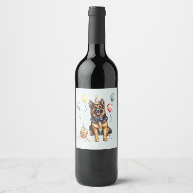 Happy Birthday German Shepherd Dog Wine Label (Front)