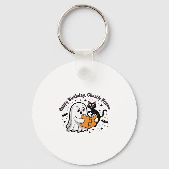 Happy Birthday Ghost Cat PNG - Spooky Cute Classic Keychain (Front)