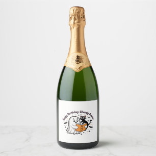 Happy Birthday Ghost Cat PNG - Spooky Cute Classic Sparkling Wine Label