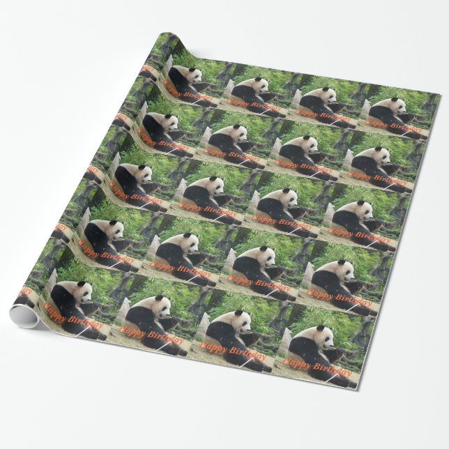 Happy birthday, giant panda eating bamboo. wrapping paper (Unrolled)