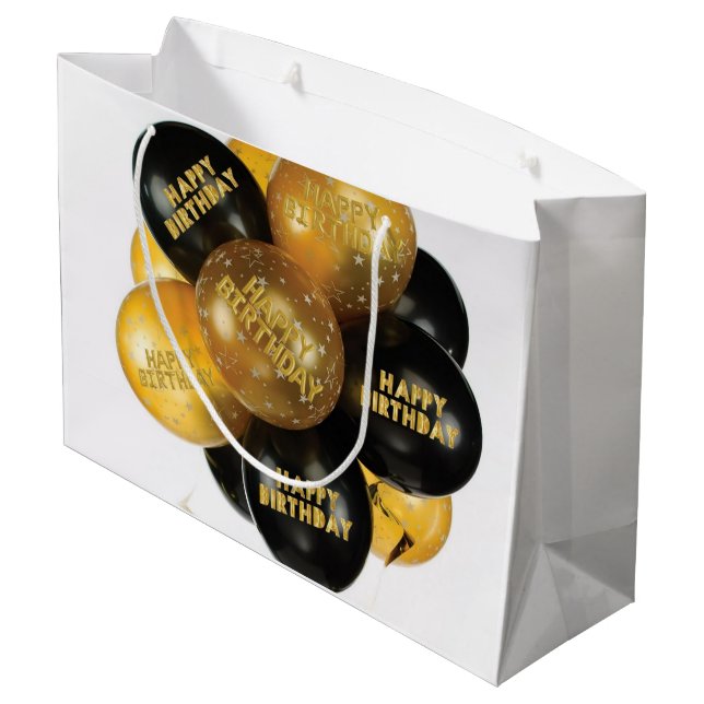 Happy Birthday Gift Bag Black Gold Balloons (Back Angled)