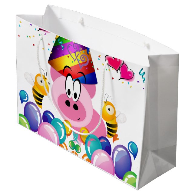 Happy Birthday Gift Bag Pink Pig Bumblebee (Back Angled)