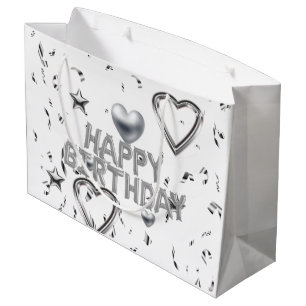 Happy Birthday Gift Bag Silver Hearts