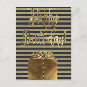 Happy Birthday Gift Blue Gold Typography Striped Postcard