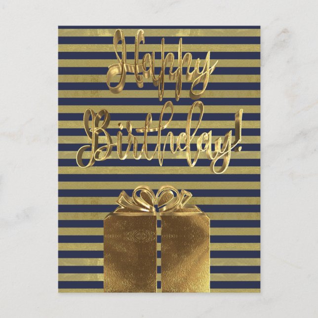 Happy Birthday Gift Blue Gold Typography Striped Postcard (Front)
