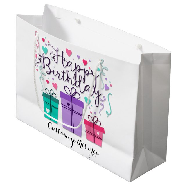 Happy Birthday Gift Boxes on White Customize Large Gift Bag (Front Angled)