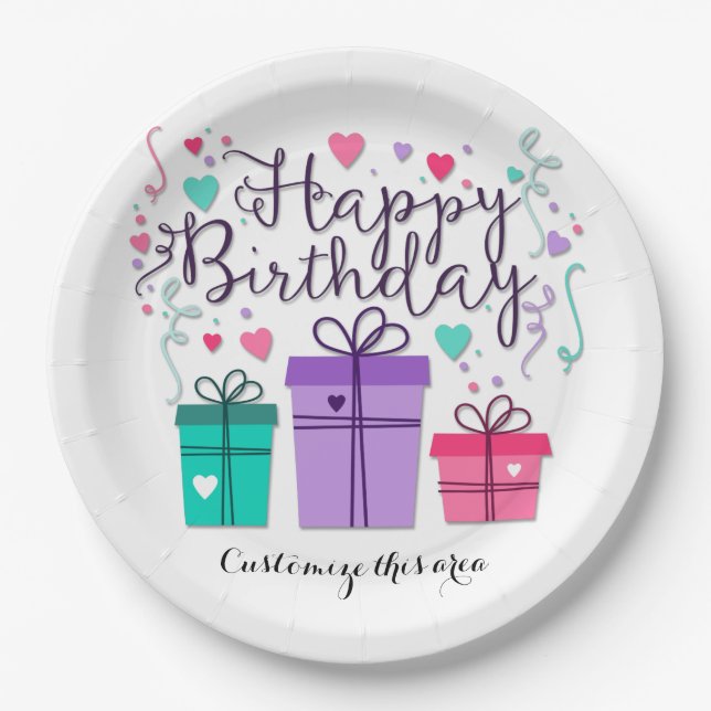 Happy Birthday Gift Boxes on White Customize Paper Plate (Front)