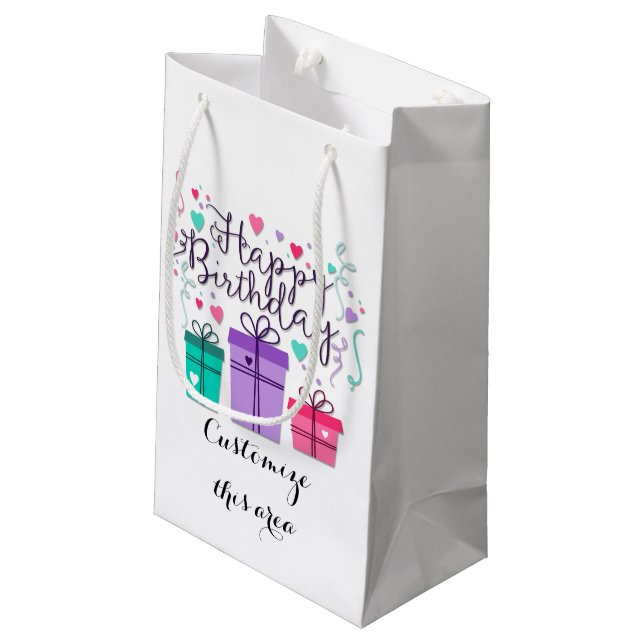 Happy Birthday Gift Boxes on White Customize Small Gift Bag (Back Angled)