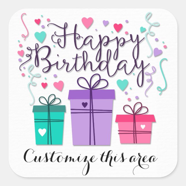 Happy Birthday Gift Boxes on White Customize Square Sticker (Front)