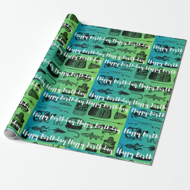 Happy Birthday Gift Paper, Fishing, Fisherman Gift Wrapping Paper (Unrolled)
