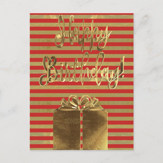 Happy Birthday Gift Red Gold Typography Striped Postcard (Front)