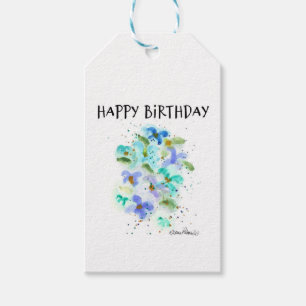 Happy Birthday Gift Tag, Blue Flowers Art  Tags