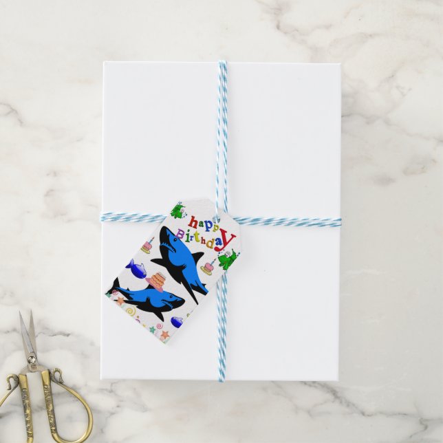 Happy Birthday Gift Tags Sharks Fish (With Twine)