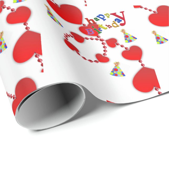 Happy Birthday Gift Wrapping Paper Red Hearts (Roll Corner)