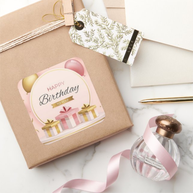 happy birthday gifts love cake gold pink balloons square sticker (Gifting)