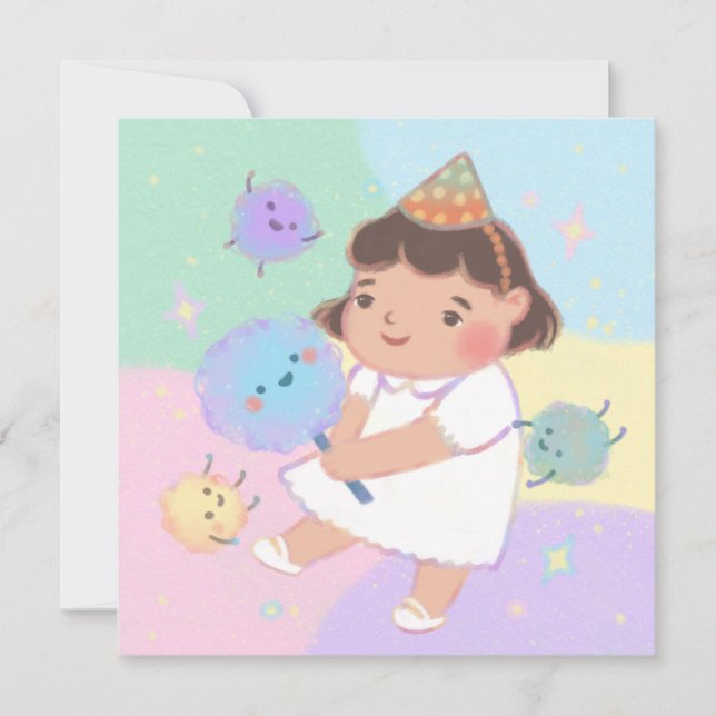 Happy Birthday: Girl and Cotton Candy Monsters Invitation (Front)