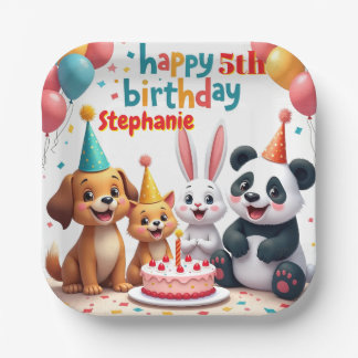 Happy Birthday Girl Cute Animals Paper Plate
