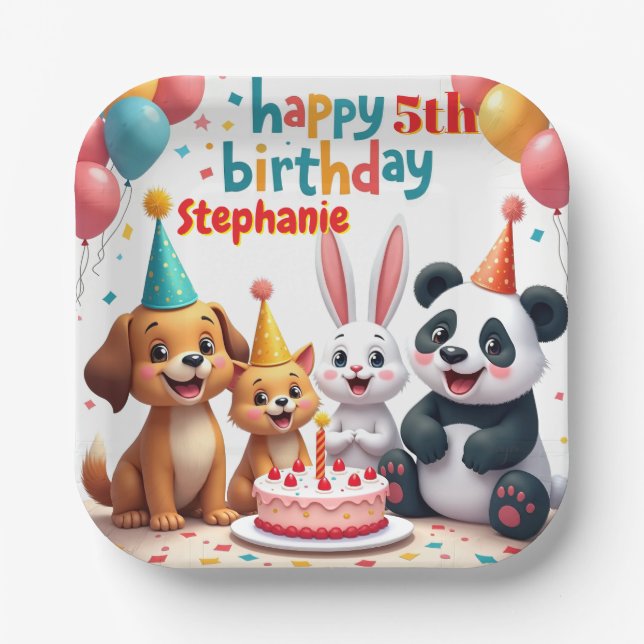 Happy Birthday Girl Cute Animals  Paper Plate (Front)