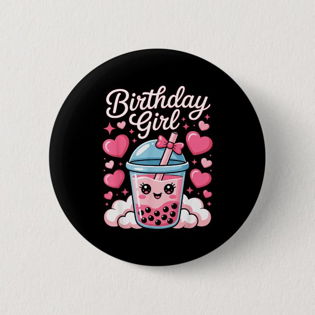 Happy Birthday Girl Cute Nk Bow Bubble Boba Tea An 2 Inch Round Button (Front)