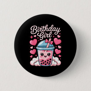 Happy Birthday Girl Cute Pink Bow Bubble Boba Tea  2 Inch Round Button