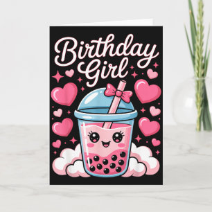 Happy Birthday Girl Cute Pink Bow Bubble Boba Tea  Card