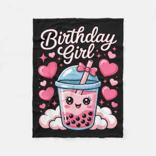 Happy Birthday Girl Cute Pink Bow Bubble Boba Tea Fleece Blanket