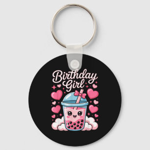 Happy Birthday Girl Cute Pink Bow Bubble Boba Tea Keychain