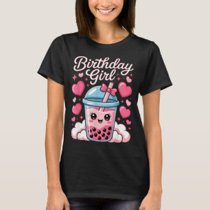Happy Birthday Girl Cute Pink Bow Bubble Boba Tea T-Shirt