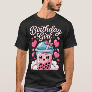 Happy Birthday Girl Cute Pink Bow Bubble Boba Tea T-Shirt