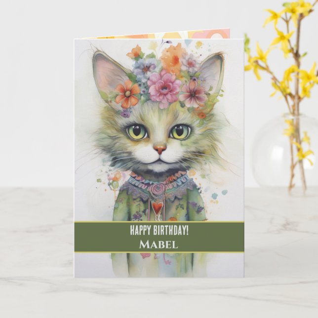 Happy Birthday Girl Green Cat Wide Eyes Floral Card (Yellow Flower)