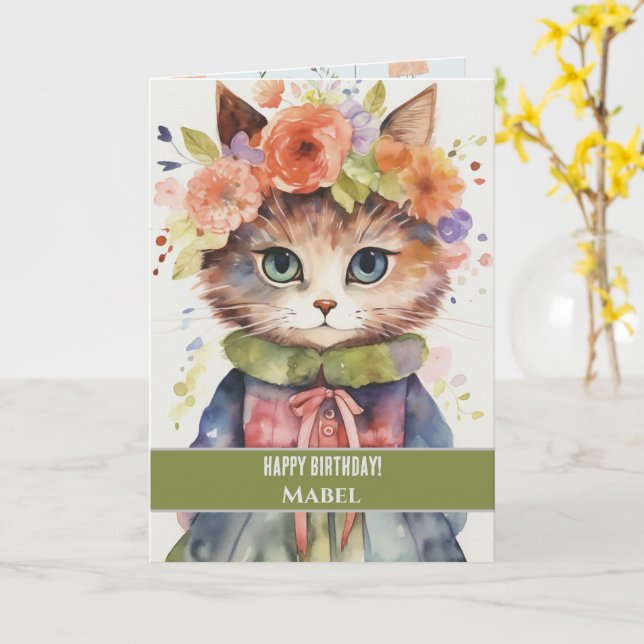 Happy Birthday Girl Tabby Cat Wide Eyes Floral Card (Yellow Flower)